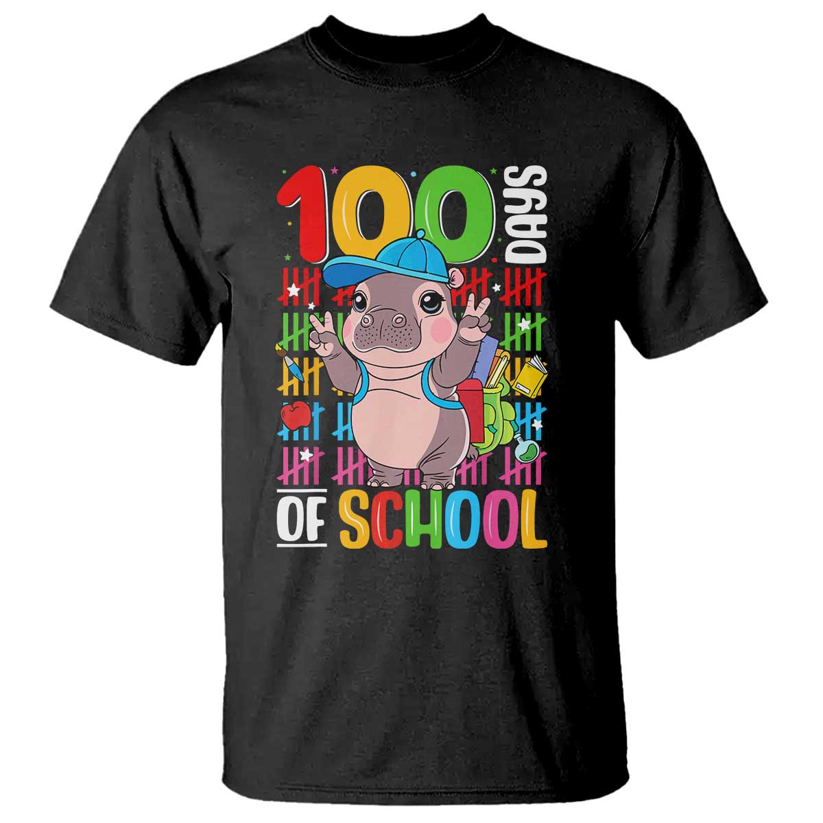 Funny 100th Day Of School Moo Deng T Shirt Cute Baby Hippo Colorful 100 Days TS09 Black Print Your Wear