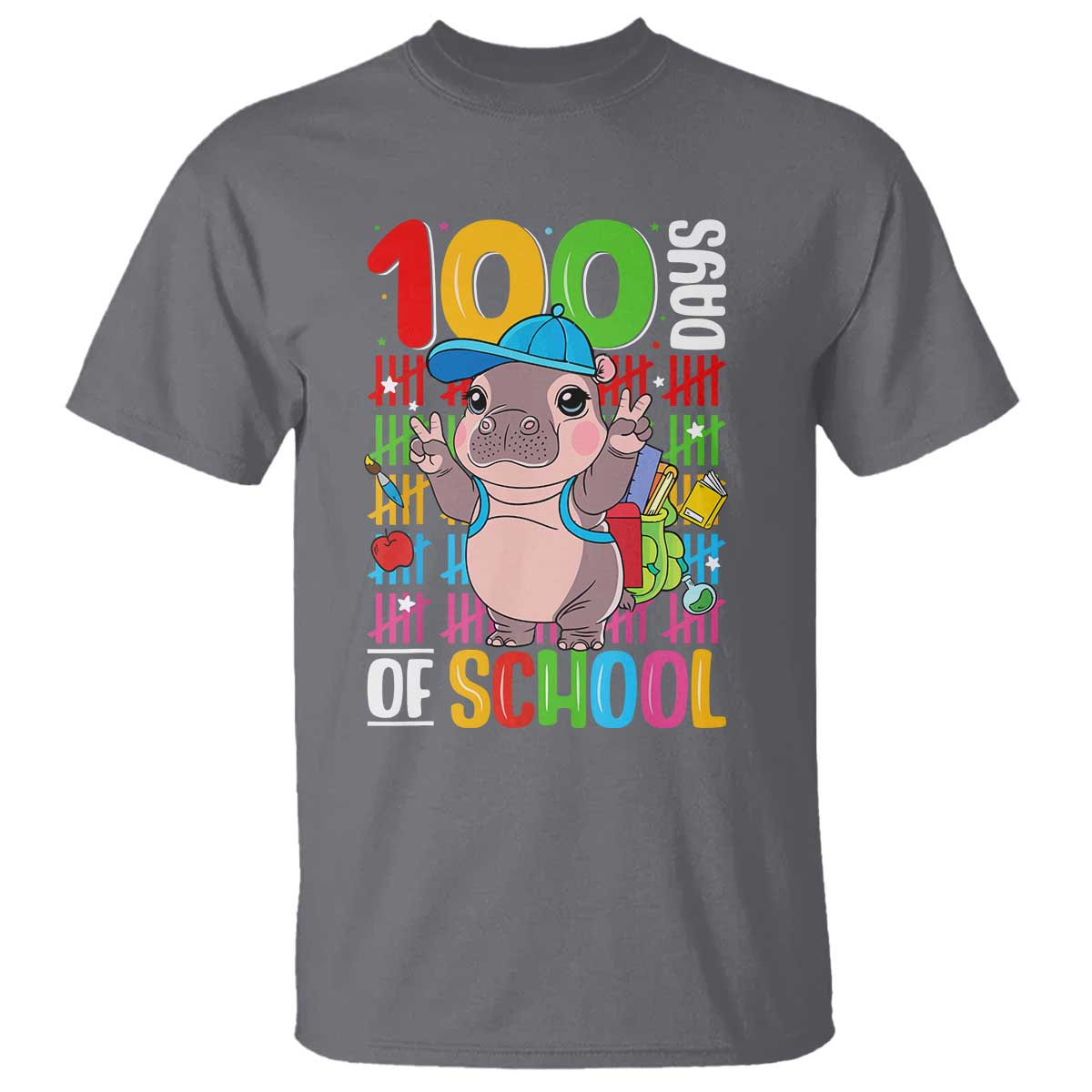 Funny 100th Day Of School Moo Deng T Shirt Cute Baby Hippo Colorful 100 Days TS09 Charcoal Print Your Wear