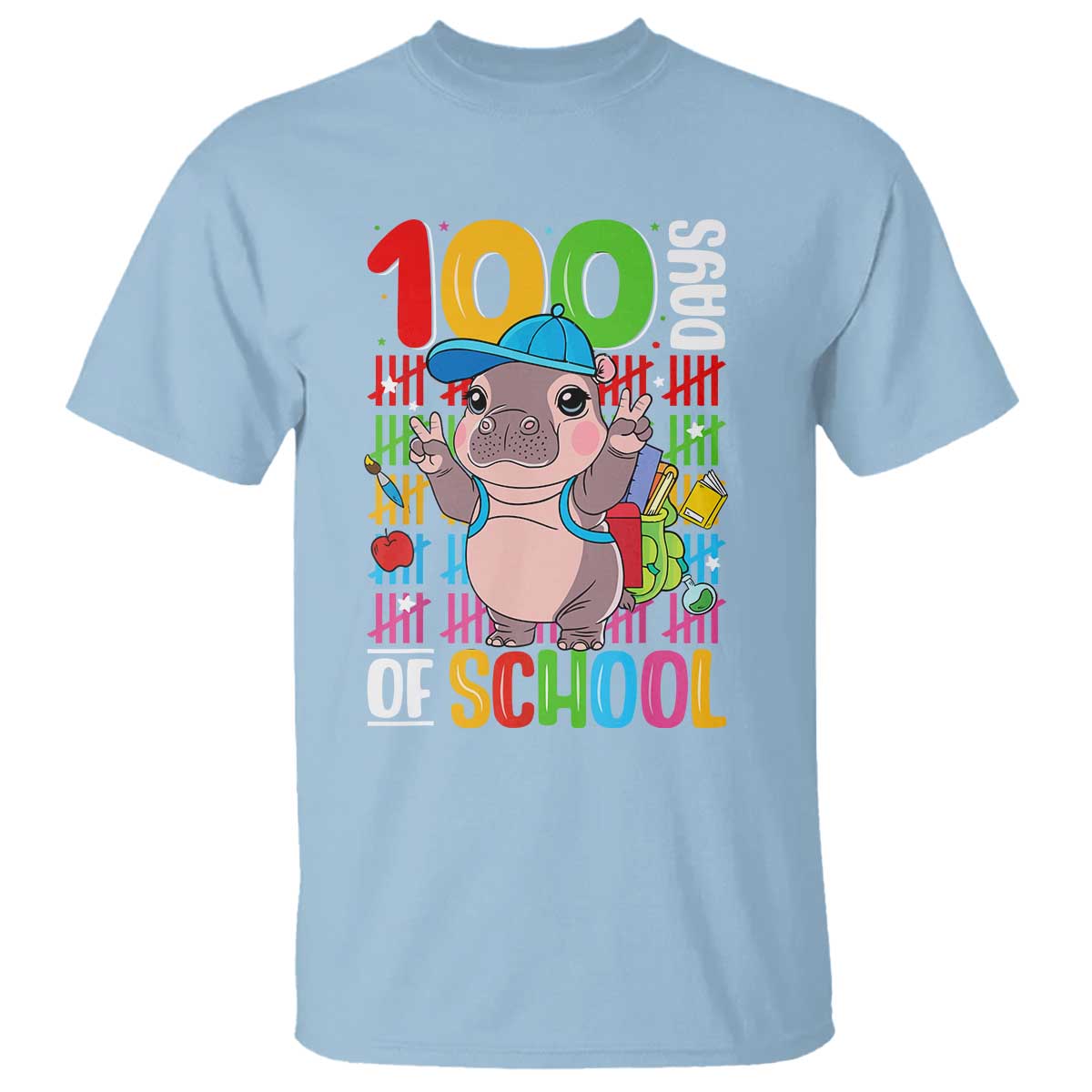 Funny 100th Day Of School Moo Deng T Shirt Cute Baby Hippo Colorful 100 Days TS09 Light Blue Print Your Wear