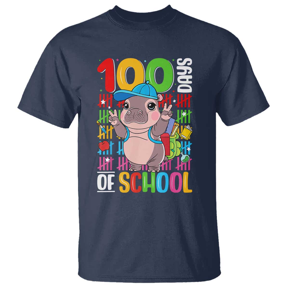 Funny 100th Day Of School Moo Deng T Shirt Cute Baby Hippo Colorful 100 Days TS09 Navy Print Your Wear