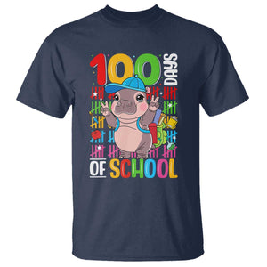 Funny 100th Day Of School Moo Deng T Shirt Cute Baby Hippo Colorful 100 Days TS09 Navy Print Your Wear