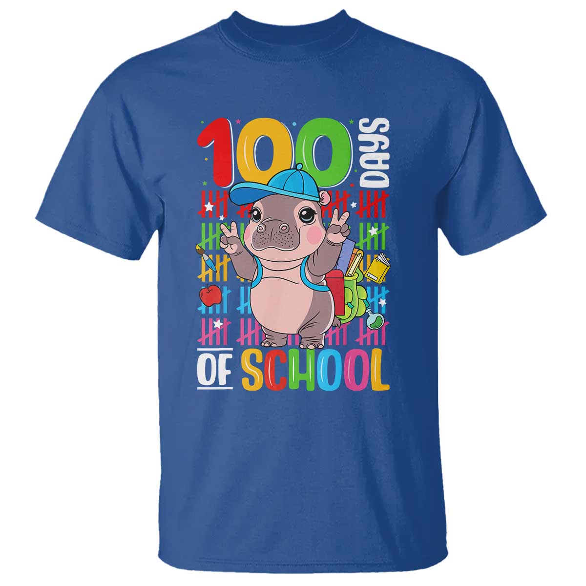 Funny 100th Day Of School Moo Deng T Shirt Cute Baby Hippo Colorful 100 Days TS09 Royal Blue Print Your Wear