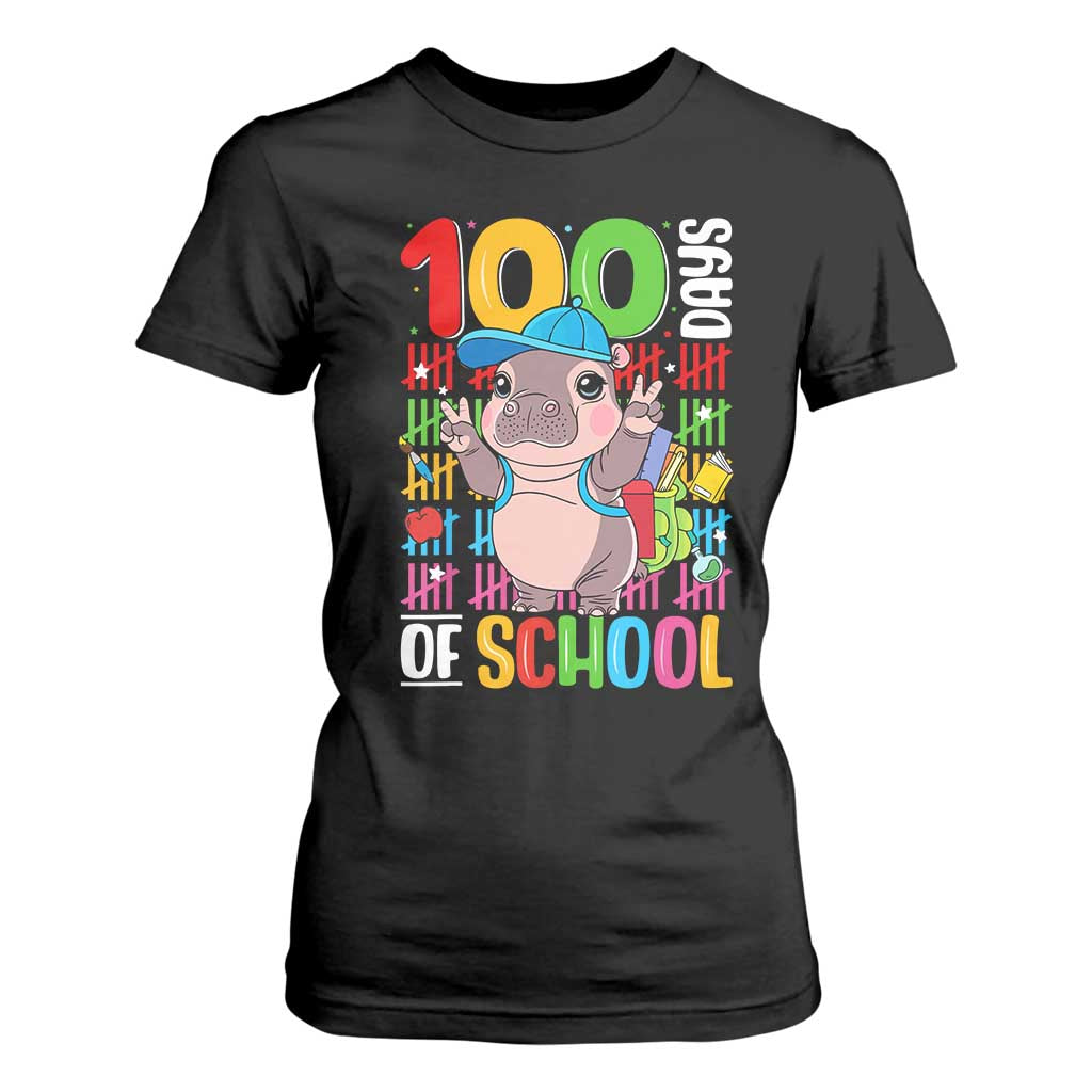 Funny 100th Day Of School Moo Deng T Shirt For Women Cute Baby Hippo Colorful 100 Days TS09 Black Print Your Wear
