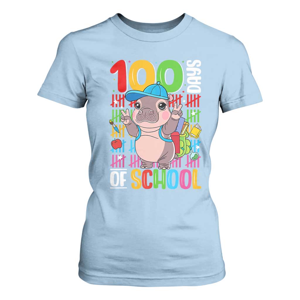 Funny 100th Day Of School Moo Deng T Shirt For Women Cute Baby Hippo Colorful 100 Days TS09 Light Blue Print Your Wear