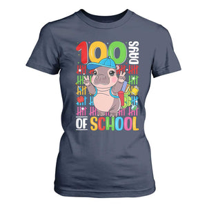 Funny 100th Day Of School Moo Deng T Shirt For Women Cute Baby Hippo Colorful 100 Days TS09 Navy Print Your Wear