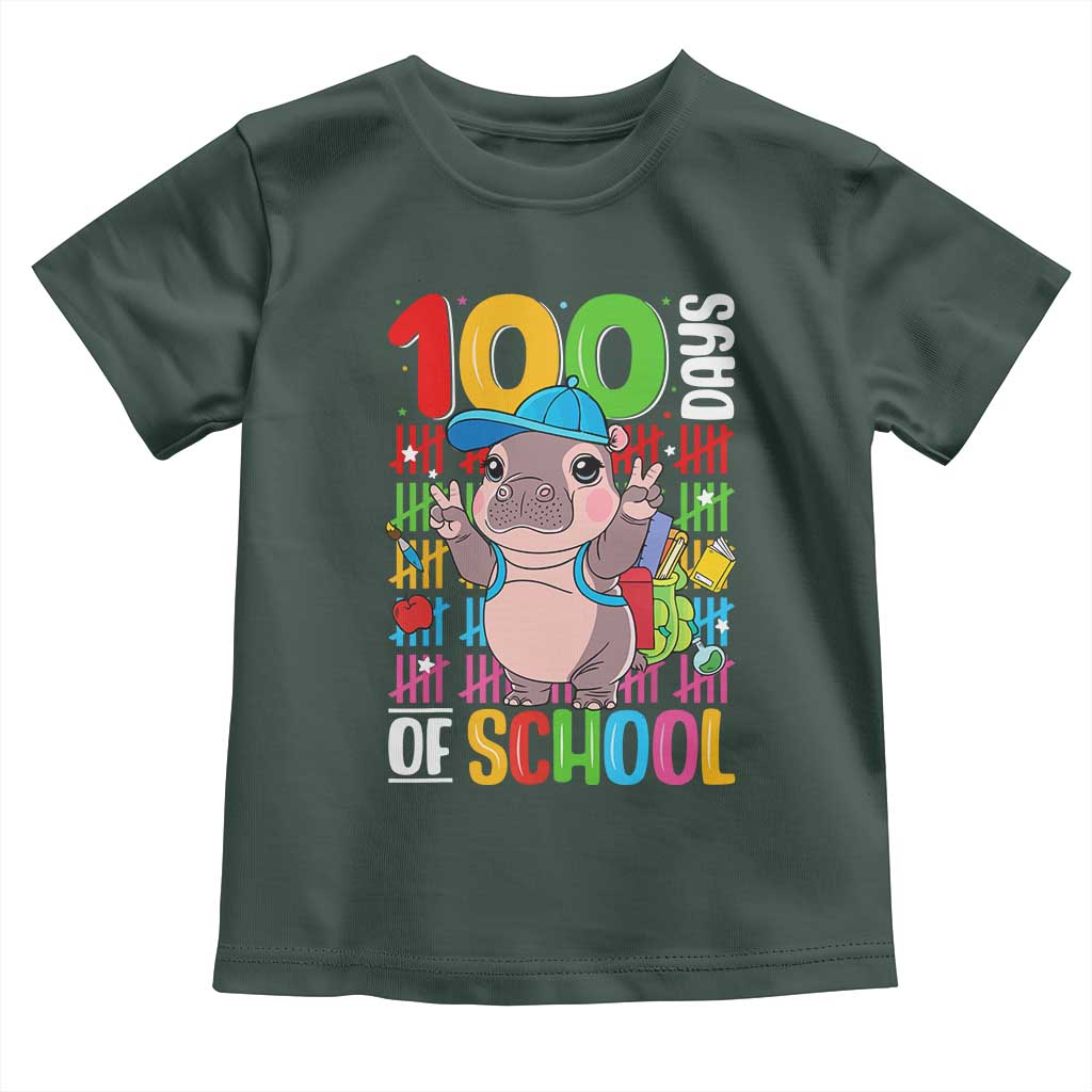 Funny 100th Day Of School Moo Deng Toddler T Shirt Cute Baby Hippo Colorful 100 Days TS09 Dark Forest Green Print Your Wear