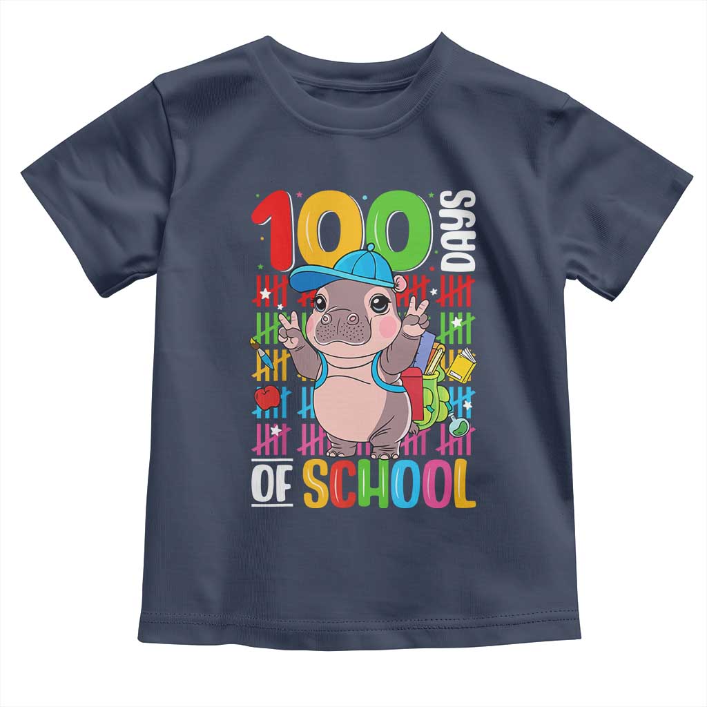 Funny 100th Day Of School Moo Deng Toddler T Shirt Cute Baby Hippo Colorful 100 Days TS09 Navy Print Your Wear