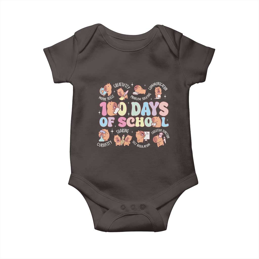 100th Day Of School Cute Capybara Baby Onesie Motor Skills Creativity Problem Solving Communication TS09 Dark Chocolate Print Your Wear