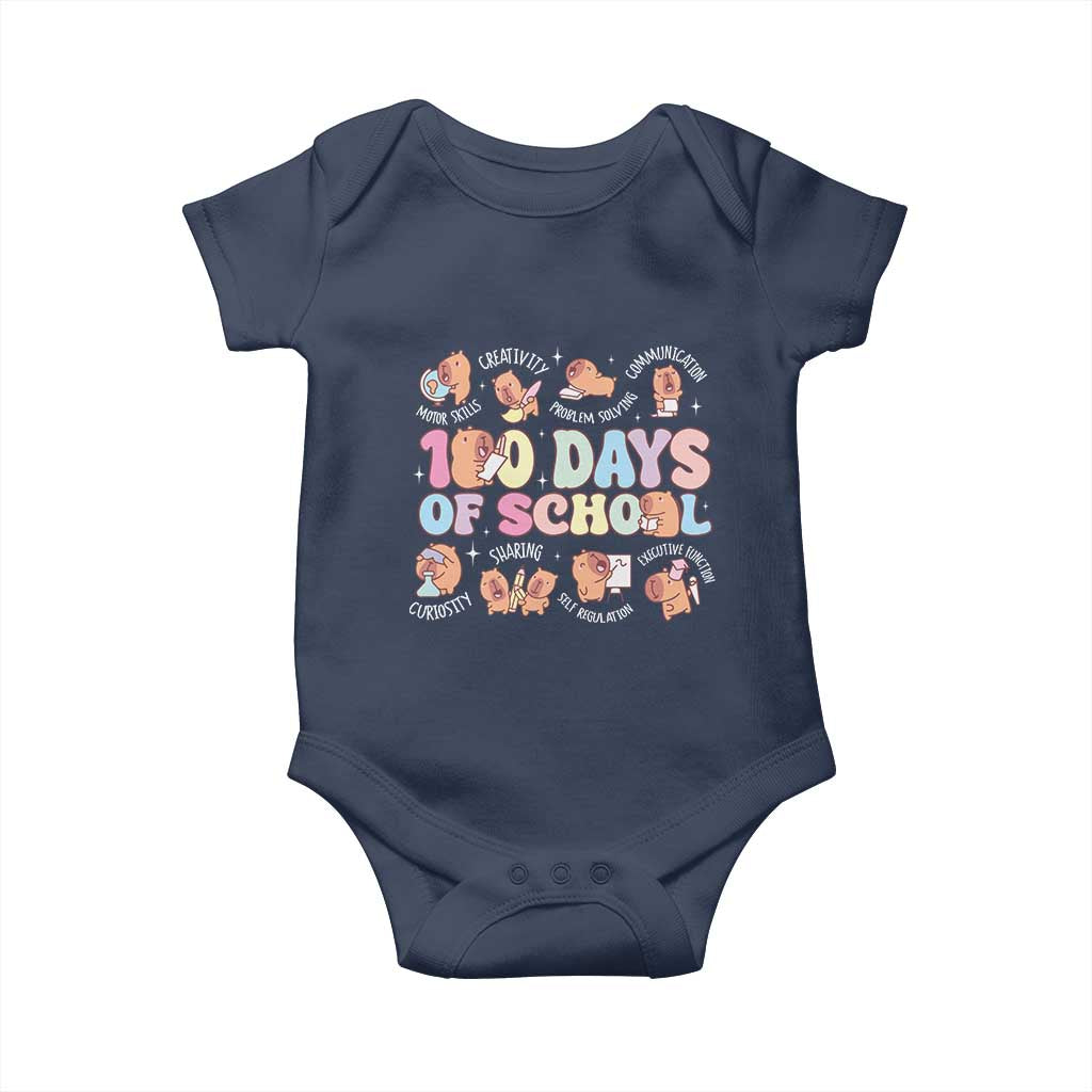 100th Day Of School Cute Capybara Baby Onesie Motor Skills Creativity Problem Solving Communication TS09 Navy Print Your Wear