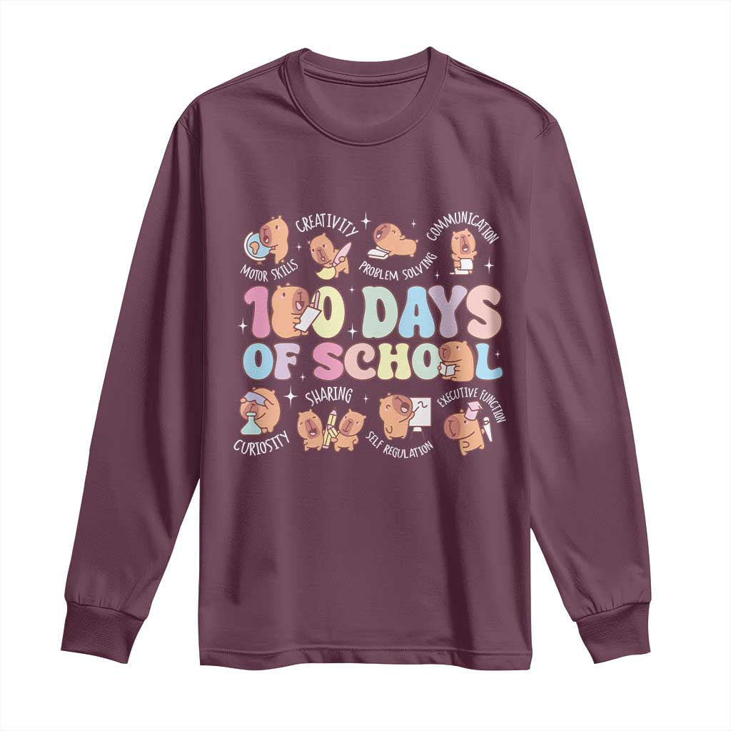 100th Day Of School Cute Capybara Long Sleeve Shirt Motor Skills Creativity Problem Solving Communication TS09 Maroon Print Your Wear