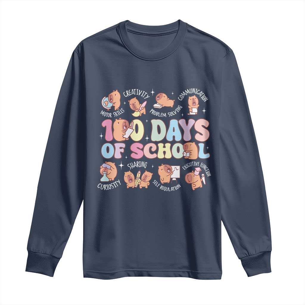 100th Day Of School Cute Capybara Long Sleeve Shirt Motor Skills Creativity Problem Solving Communication TS09 Navy Print Your Wear