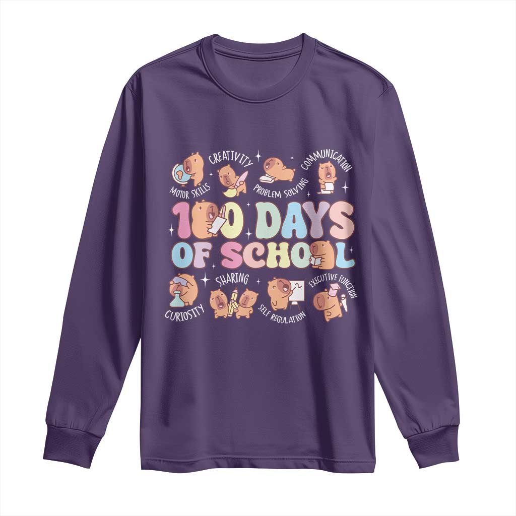 100th Day Of School Cute Capybara Long Sleeve Shirt Motor Skills Creativity Problem Solving Communication TS09 Purple Print Your Wear