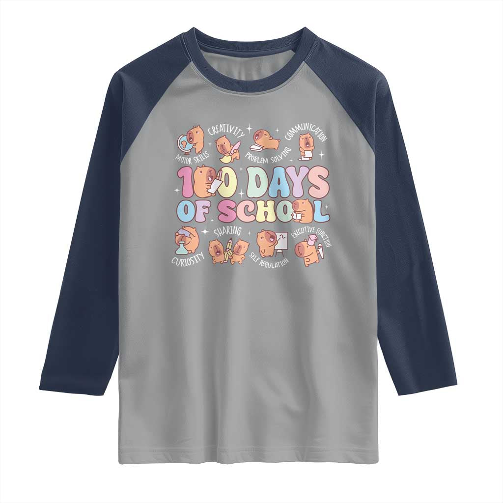 100th Day Of School Cute Capybara Raglan Shirt Motor Skills Creativity Problem Solving Communication TS09 Sport Gray Navy Print Your Wear