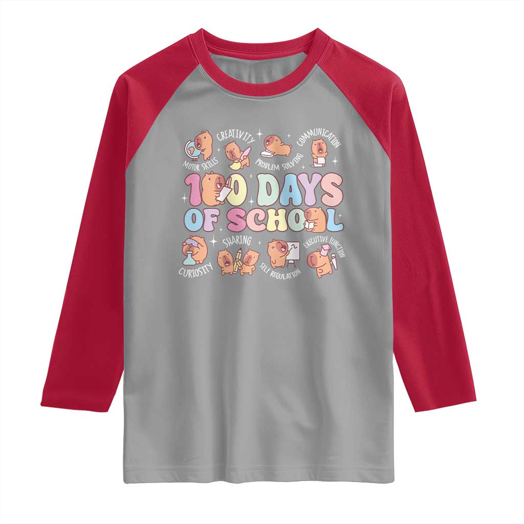 100th Day Of School Cute Capybara Raglan Shirt Motor Skills Creativity Problem Solving Communication TS09 Sport Gray Red Print Your Wear