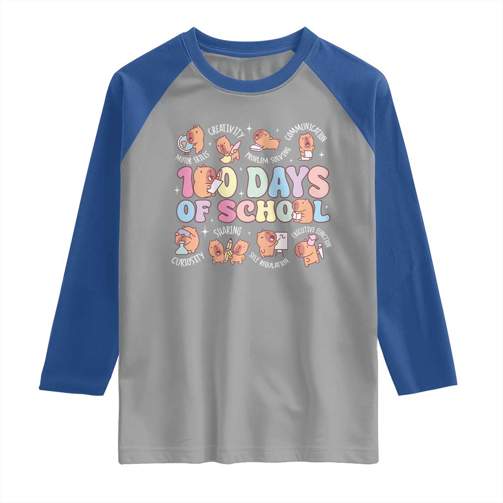 100th Day Of School Cute Capybara Raglan Shirt Motor Skills Creativity Problem Solving Communication TS09 Sport Gray Royal Print Your Wear
