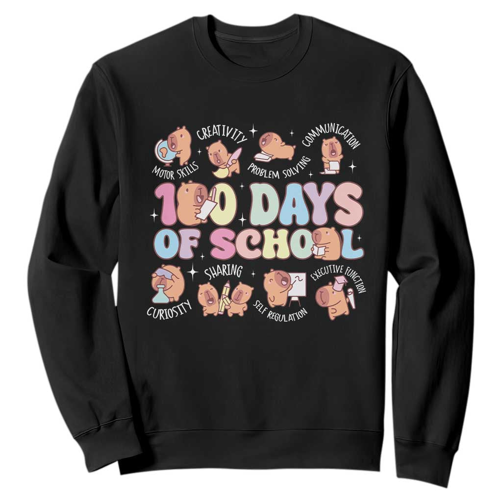 100th Day Of School Cute Capybara Sweatshirt Motor Skills Creativity Problem Solving Communication TS09 Black Print Your Wear
