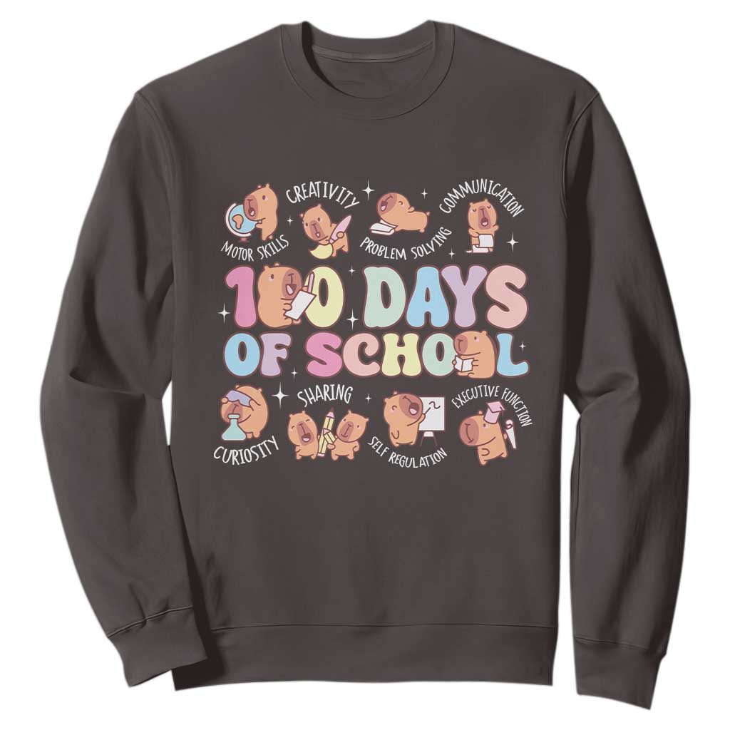 100th Day Of School Cute Capybara Sweatshirt Motor Skills Creativity Problem Solving Communication TS09 Dark Chocolate Print Your Wear