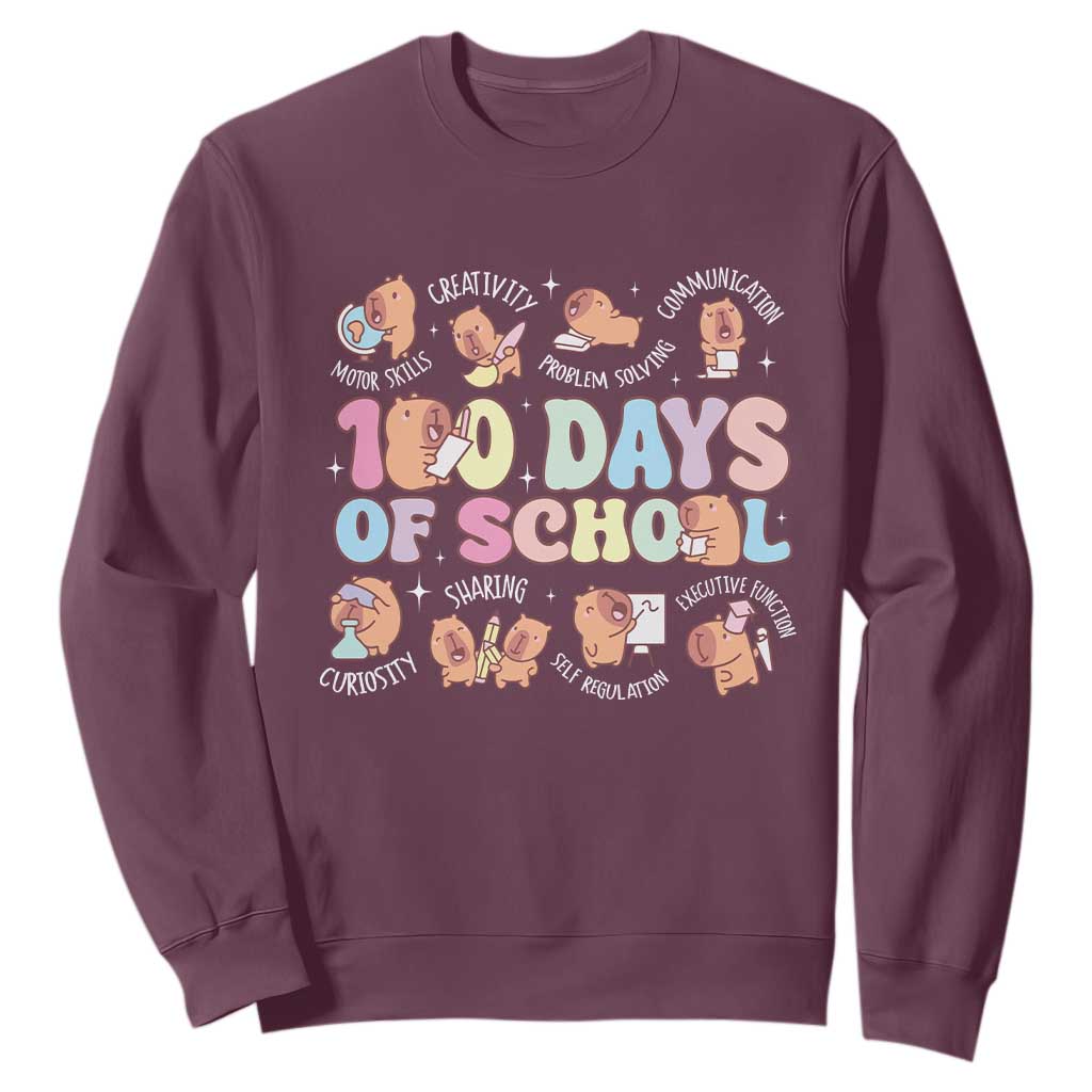 100th Day Of School Cute Capybara Sweatshirt Motor Skills Creativity Problem Solving Communication TS09 Maroon Print Your Wear