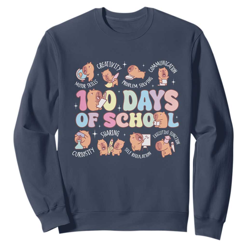 100th Day Of School Cute Capybara Sweatshirt Motor Skills Creativity Problem Solving Communication TS09 Navy Print Your Wear