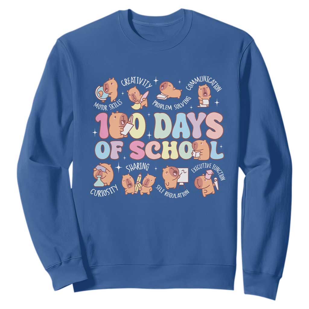 100th Day Of School Cute Capybara Sweatshirt Motor Skills Creativity Problem Solving Communication TS09 Royal Blue Print Your Wear