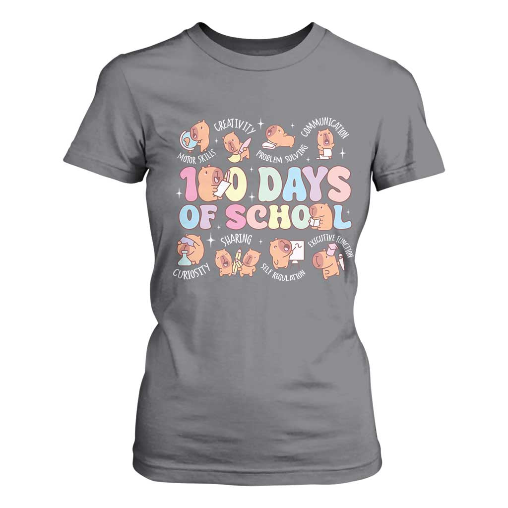 100th Day Of School Cute Capybara T Shirt For Women Motor Skills Creativity Problem Solving Communication TS09 Charcoal Print Your Wear