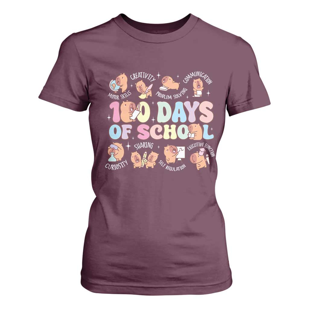 100th Day Of School Cute Capybara T Shirt For Women Motor Skills Creativity Problem Solving Communication TS09 Maroon Print Your Wear