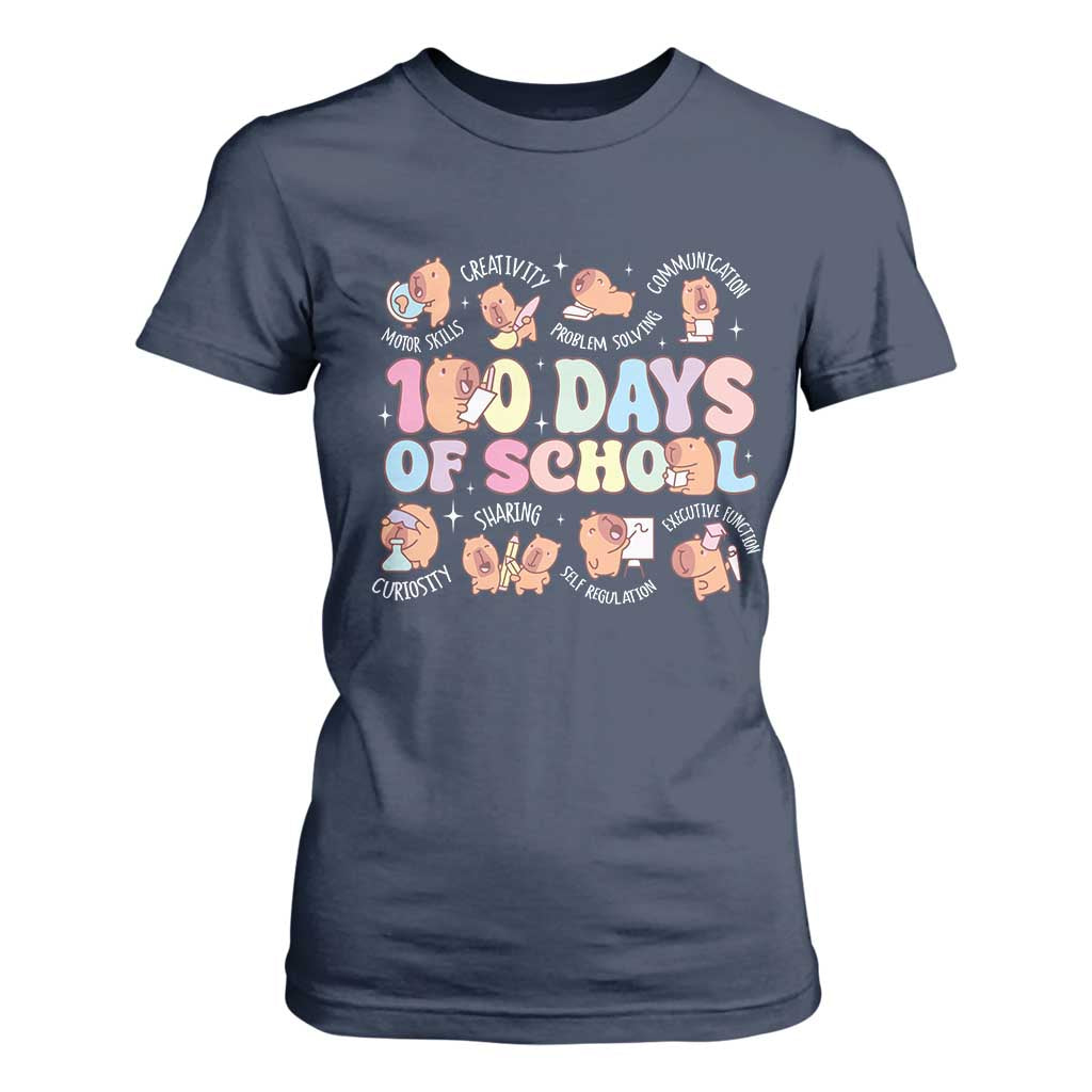 100th Day Of School Cute Capybara T Shirt For Women Motor Skills Creativity Problem Solving Communication TS09 Navy Print Your Wear
