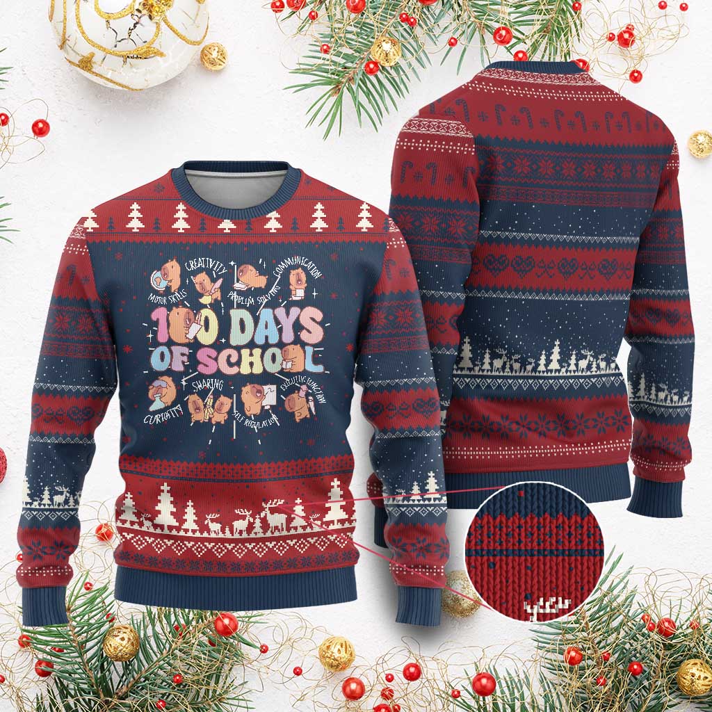 100th Day Of School Cute Capybara Ugly Christmas Sweater Motor Skills Creativity Problem Solving Communication TS09 Burgundy Print Your Wear