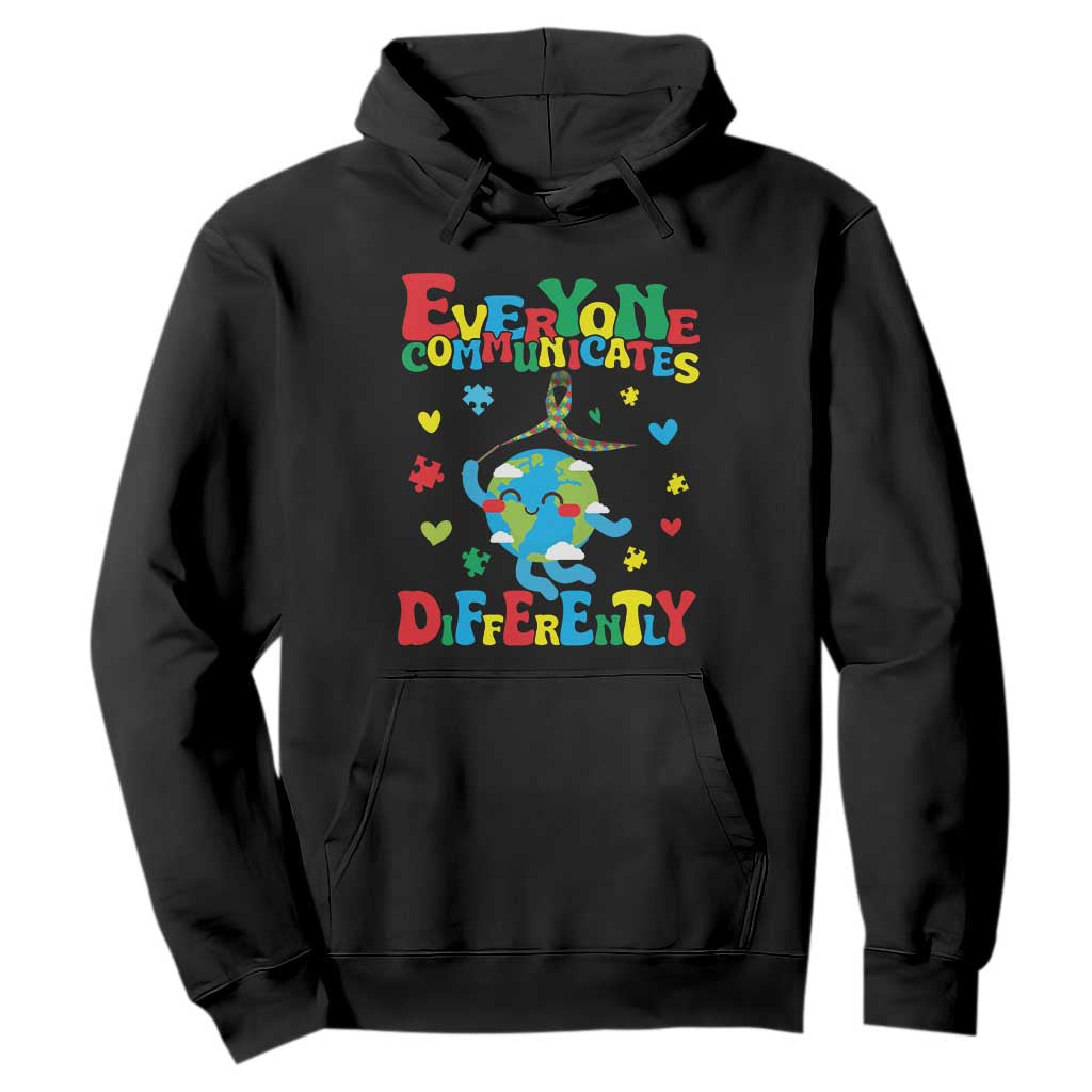 Autism Awareness Hoodie Everyone Communicates Different Puzzle Cute Earth TS09 Black Printyourwear