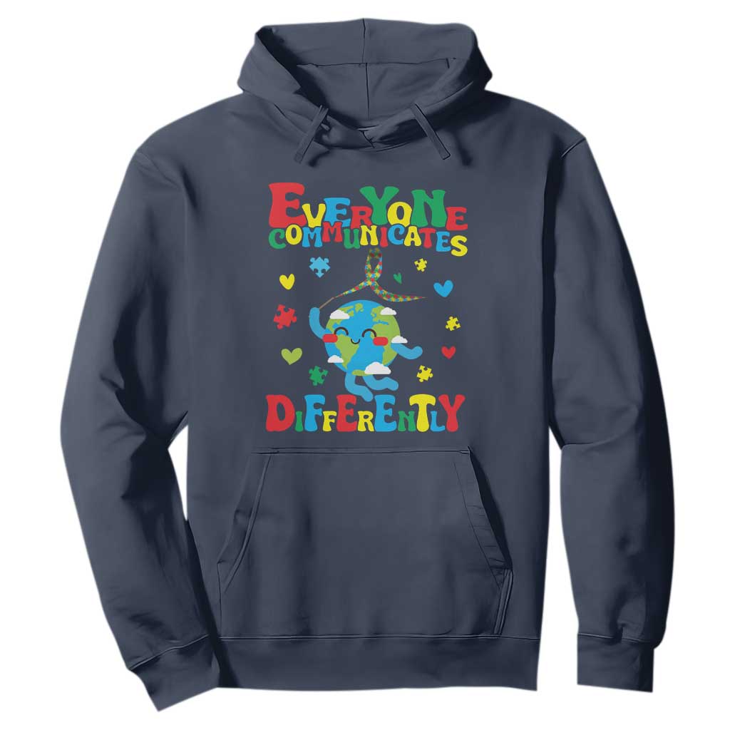 Autism Awareness Hoodie Everyone Communicates Different Puzzle Cute Earth TS09 Navy Printyourwear