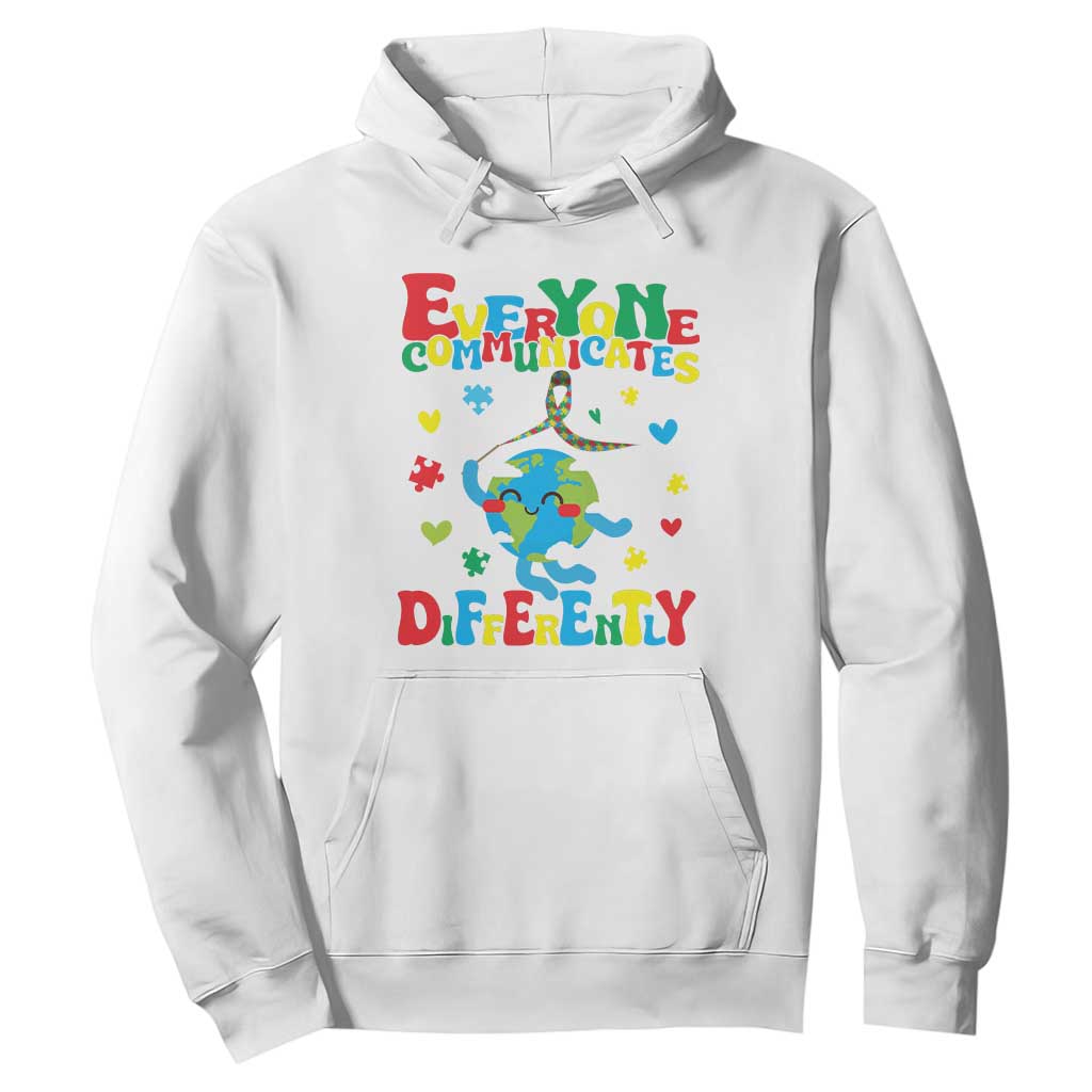 Autism Awareness Hoodie Everyone Communicates Different Puzzle Cute Earth TS09 White Printyourwear