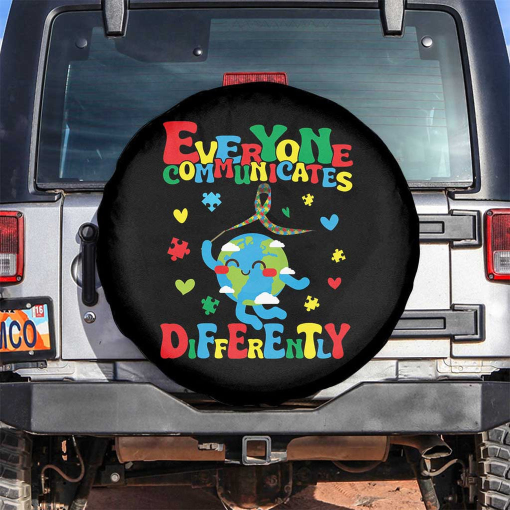 Autism Awareness Spare Tire Cover Everyone Communicates Different Puzzle Cute Earth TS09 No hole Black Print Your Wear