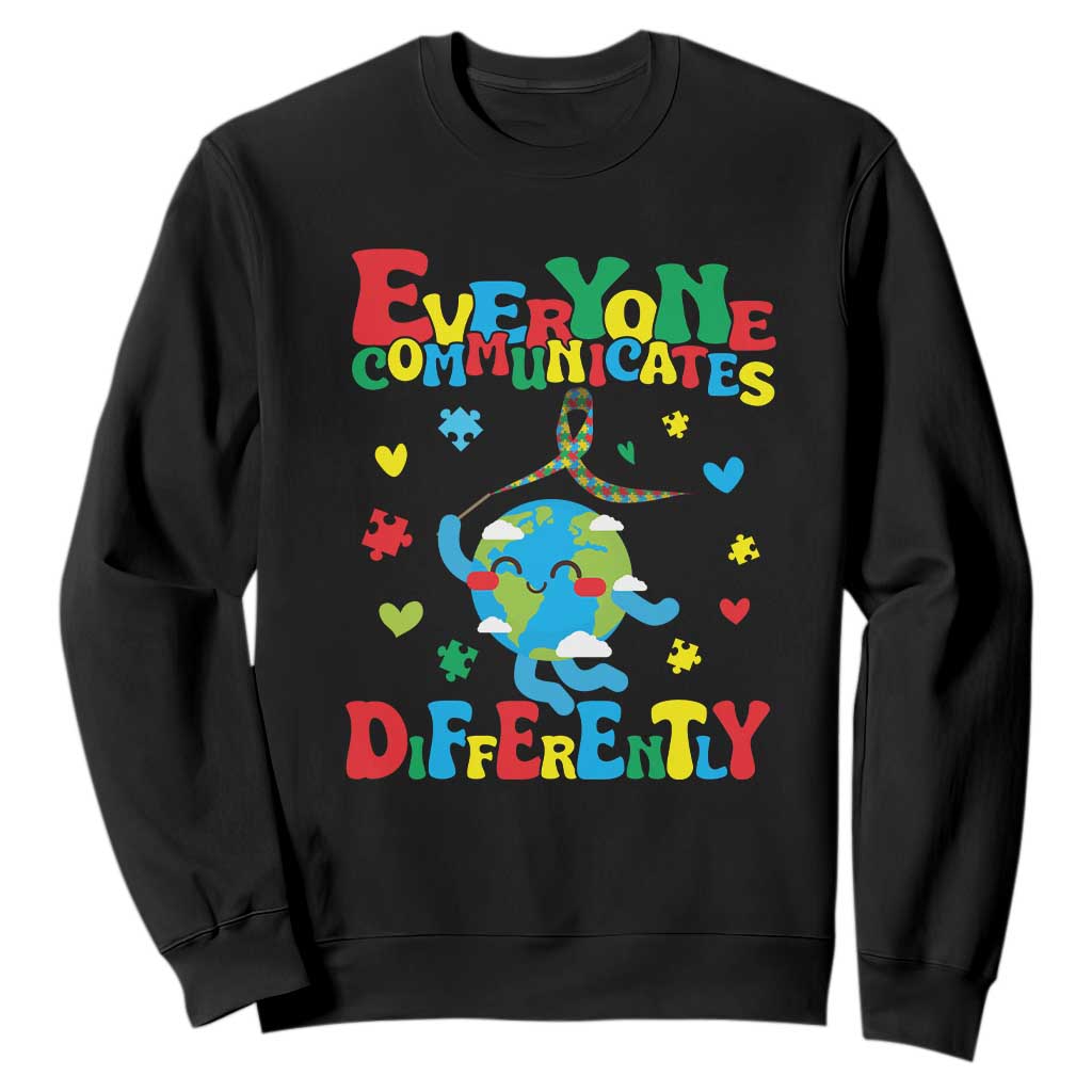 Autism Awareness Sweatshirt Everyone Communicates Different Puzzle Cute Earth TS09 Black Printyourwear