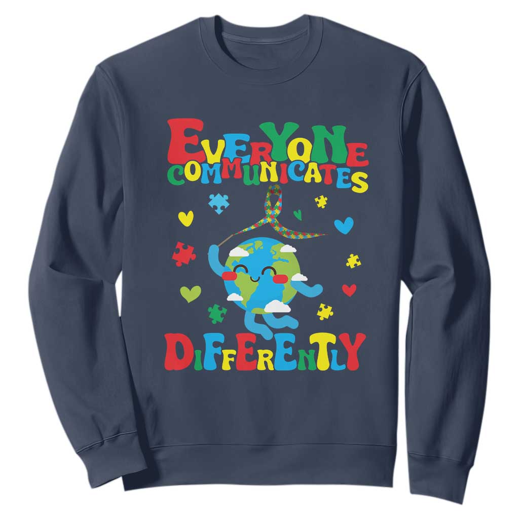 Autism Awareness Sweatshirt Everyone Communicates Different Puzzle Cute Earth TS09 Navy Printyourwear