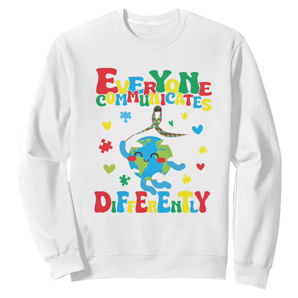 Autism Awareness Sweatshirt Everyone Communicates Different Puzzle Cute Earth TS09 White Printyourwear