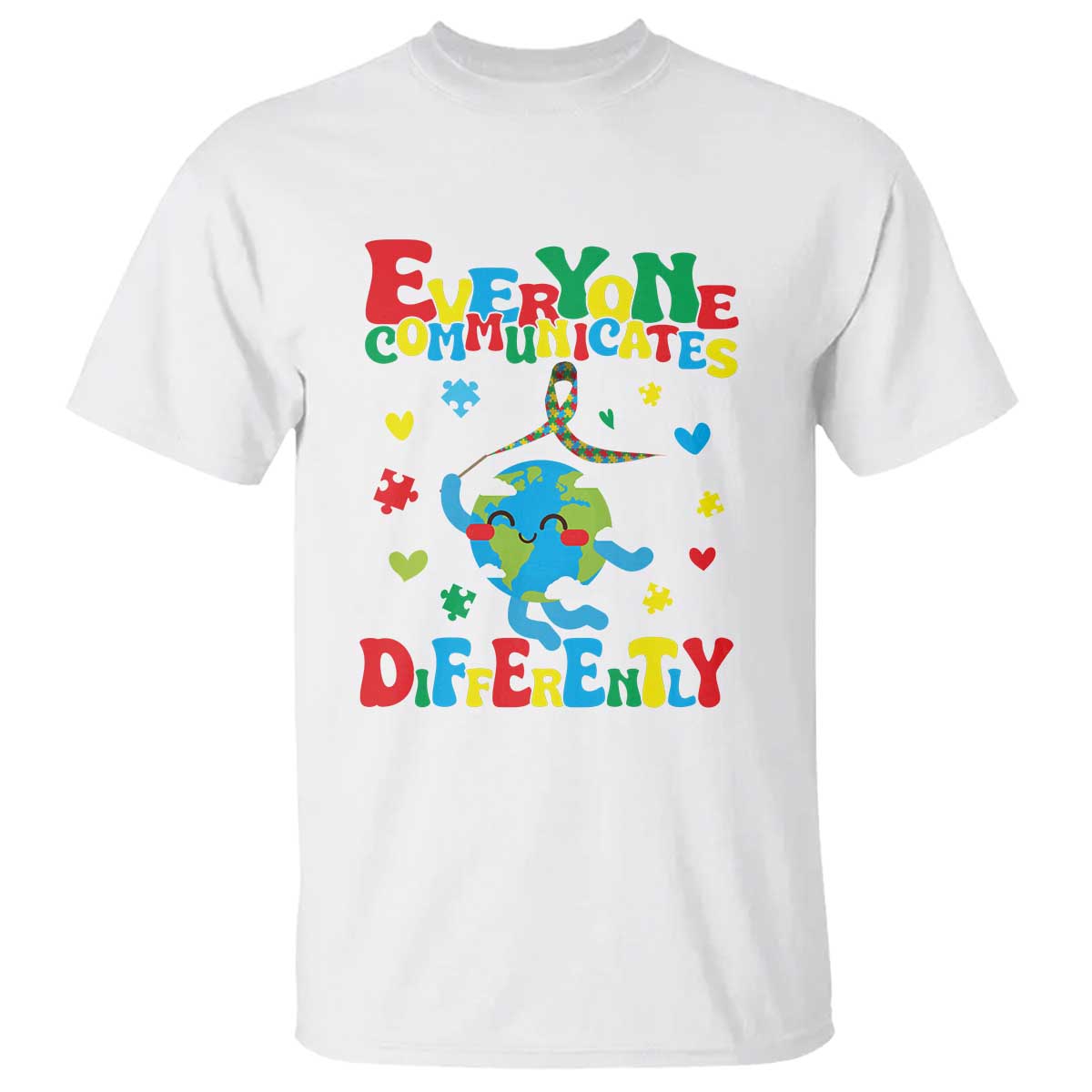 Autism Awareness T Shirt Everyone Communicates Different Puzzle Cute Earth TS09 White Printyourwear