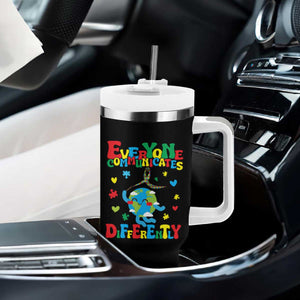 Autism Awareness Tumbler With Handle Everyone Communicates Different Puzzle Cute Earth TS09 Print Your Wear