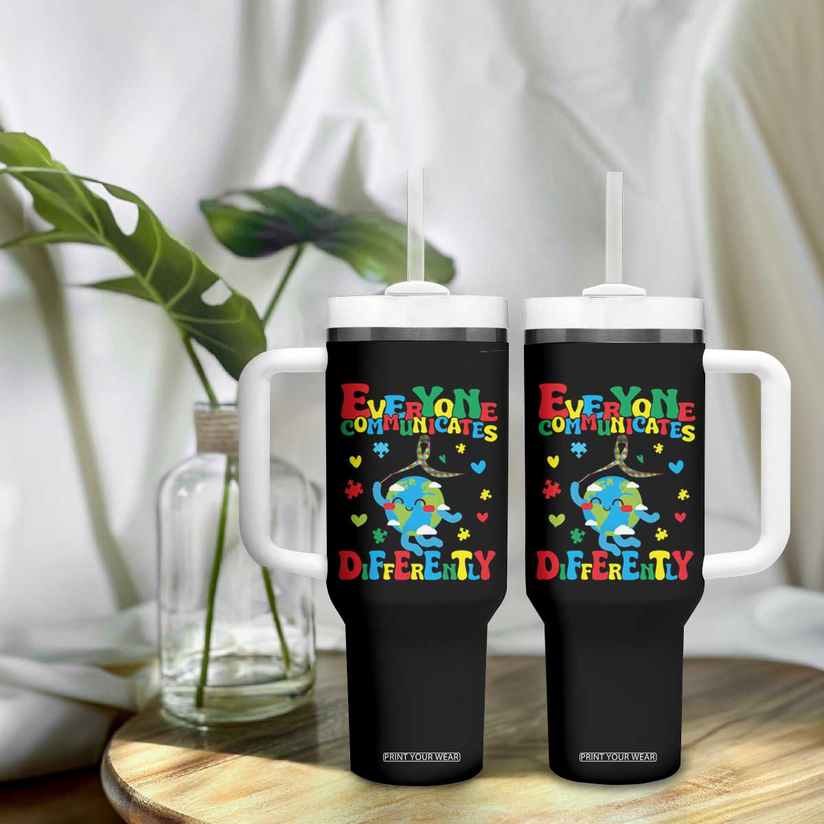 Autism Awareness Tumbler With Handle Everyone Communicates Different Puzzle Cute Earth TS09 Print Your Wear