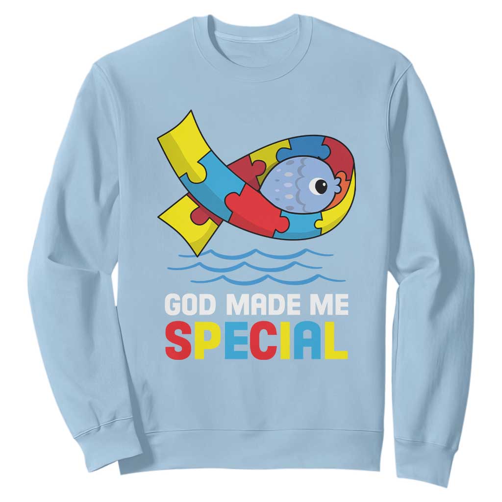 Autism Awareness Sweatshirt God Made Me Special Cute Fish Puzzle Ribbon TS09 Light Blue Printyourwear