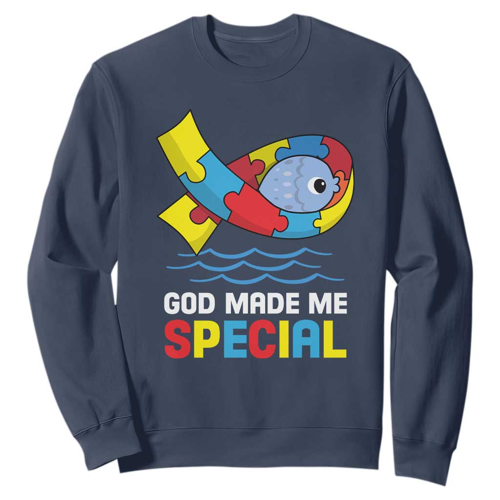 Autism Awareness Sweatshirt God Made Me Special Cute Fish Puzzle Ribbon TS09 Navy Printyourwear
