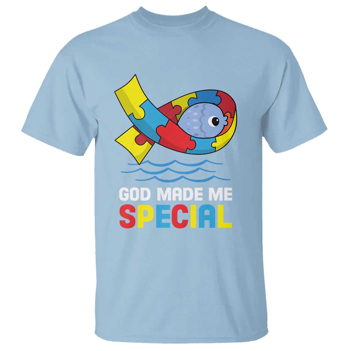 Autism Awareness T Shirt God Made Me Special Cute Fish Puzzle Ribbon TS09 Light Blue Printyourwear