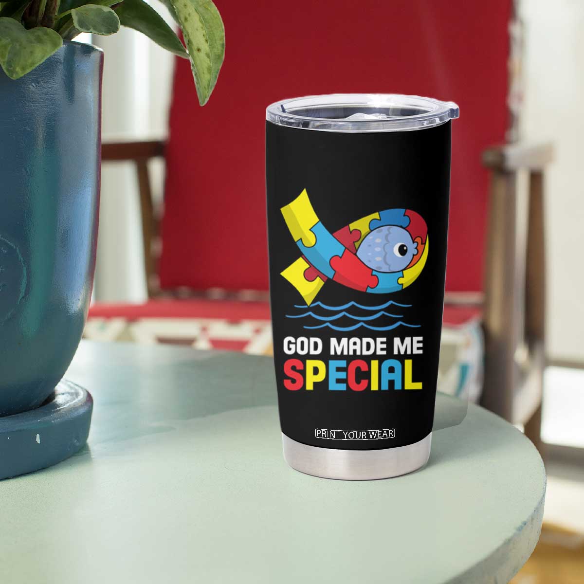 Autism Awareness Tumbler Cup God Made Me Special Cute Fish Puzzle Ribbon TS09 Print Your Wear