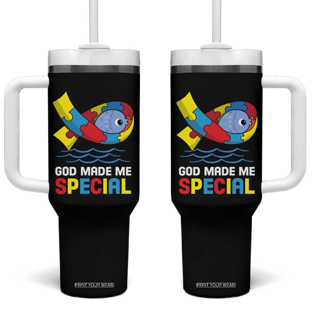 Autism Awareness Tumbler With Handle God Made Me Special Cute Fish Puzzle Ribbon TS09 One Size: 40 oz Black Print Your Wear