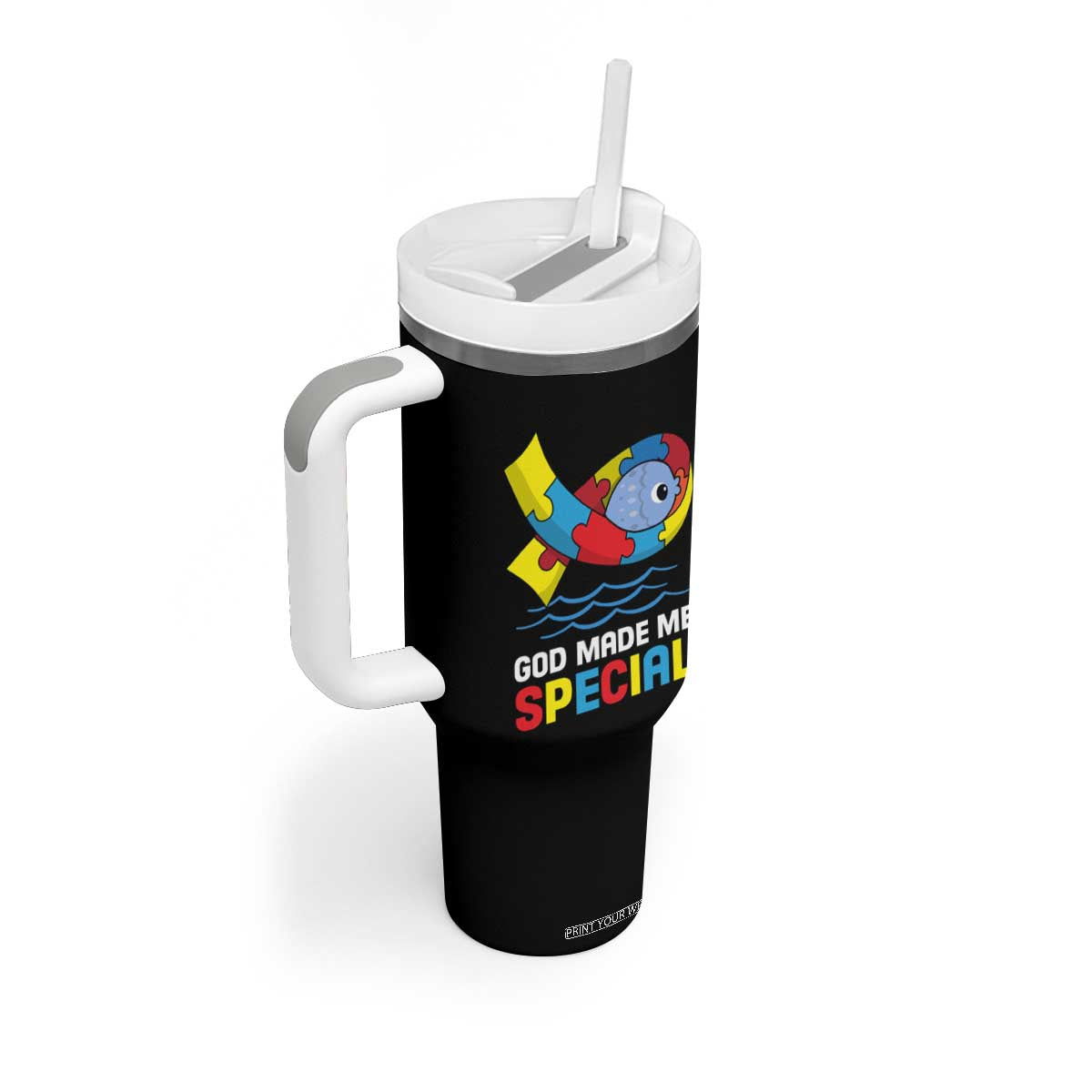 Autism Awareness Tumbler With Handle God Made Me Special Cute Fish Puzzle Ribbon TS09 Print Your Wear