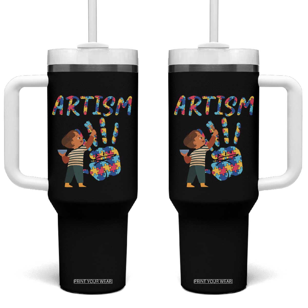 Autism Awareness Tumbler With Handle Artism Puzzle Boys Men Artist Autistic TS09 One Size: 40 oz Black Print Your Wear