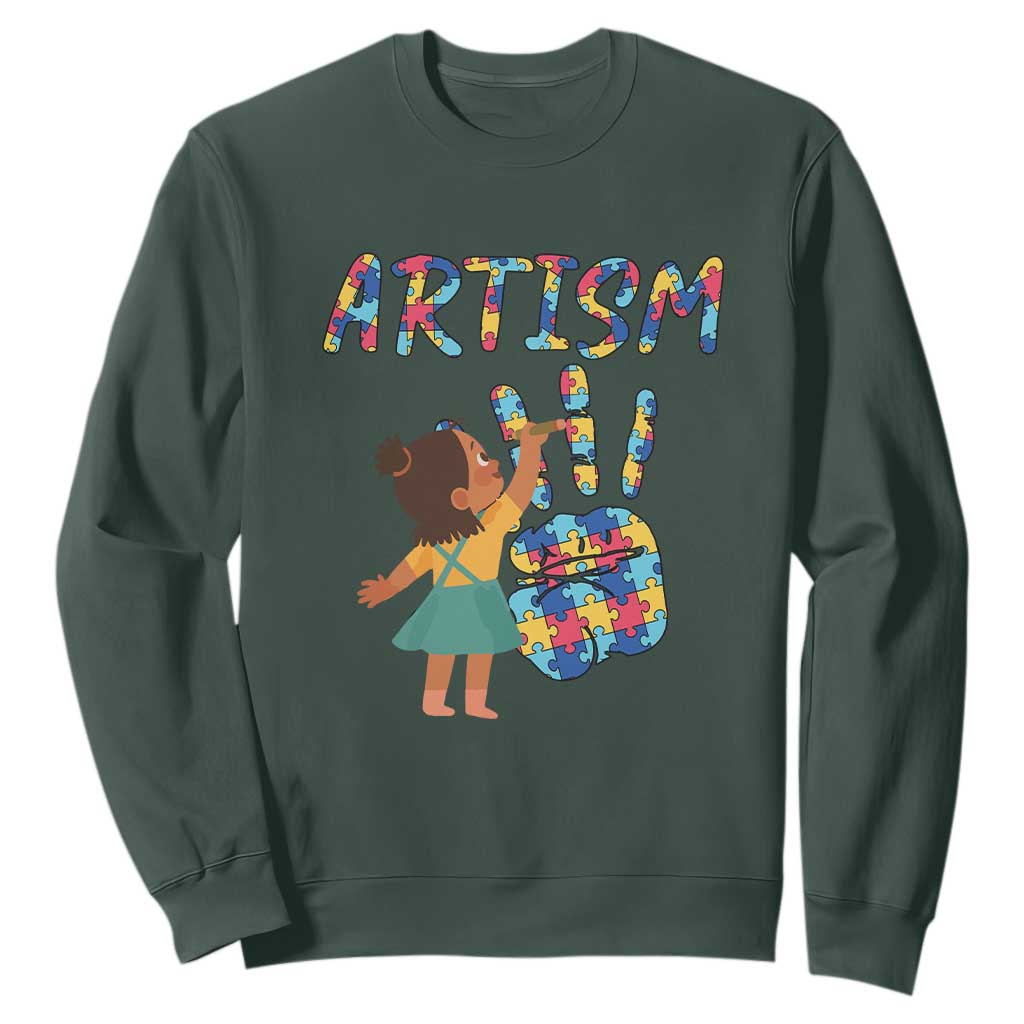 Autism Awareness Sweatshirt Artism Puzzle Girls Women Artist Autistic TS09 Dark Forest Green Printyourwear
