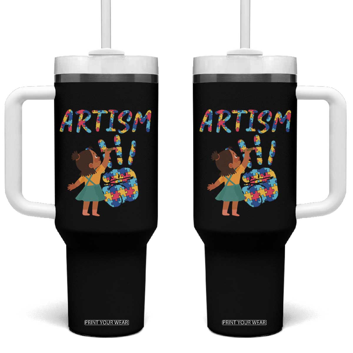 Autism Awareness Tumbler With Handle Artism Puzzle Girls Women Artist Autistic TS09 One Size: 40 oz Black Print Your Wear
