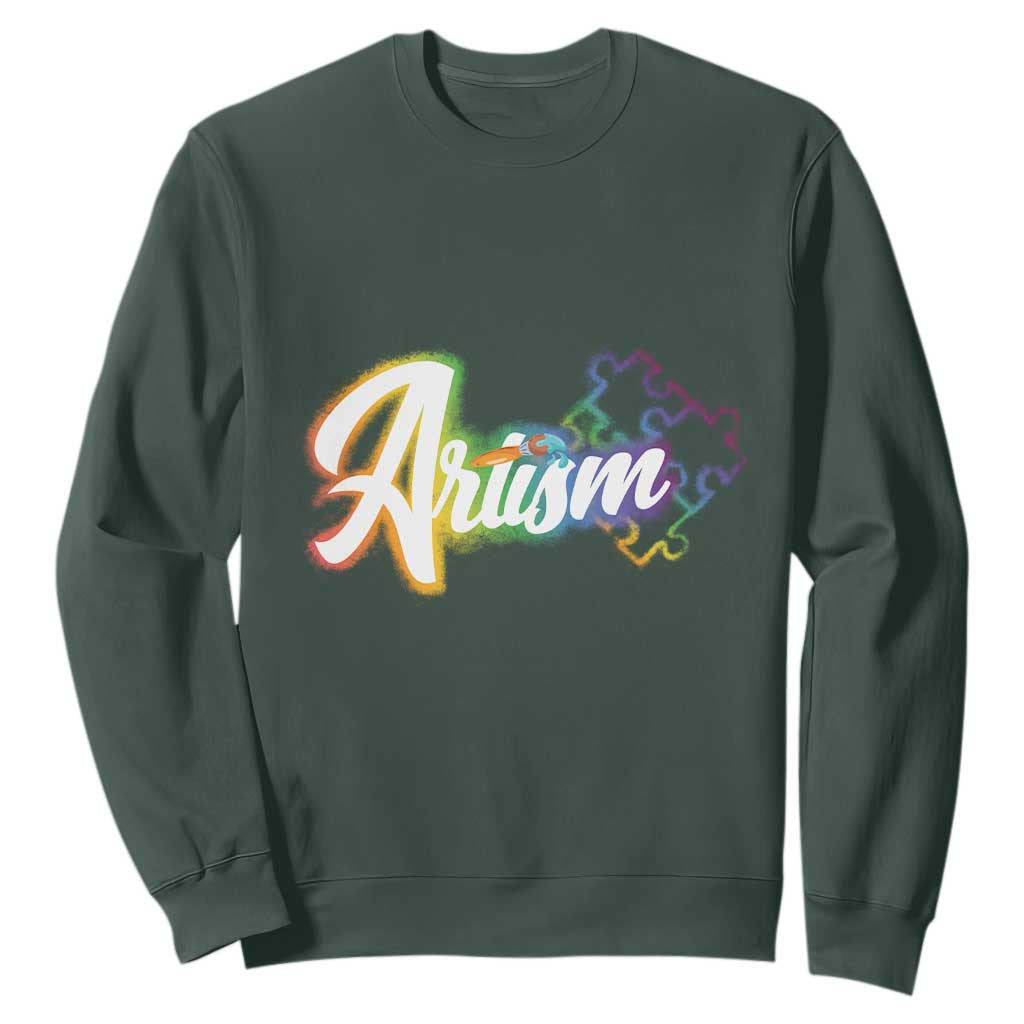 Autism Awareness Sweatshirt Artism Artist Autistic Rainbow Puzzle Aesthetic TS09 Dark Forest Green Printyourwear