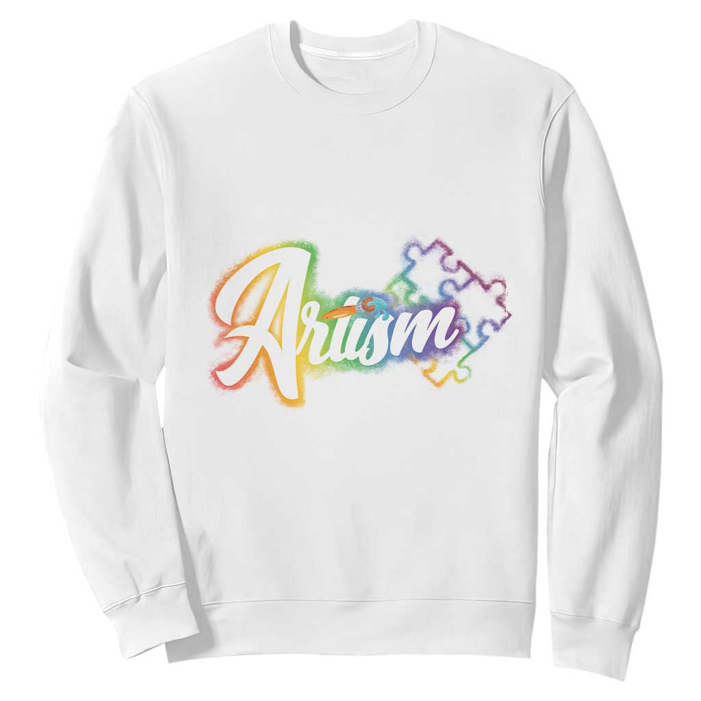 Autism Awareness Sweatshirt Artism Artist Autistic Rainbow Puzzle Aesthetic TS09 White Printyourwear