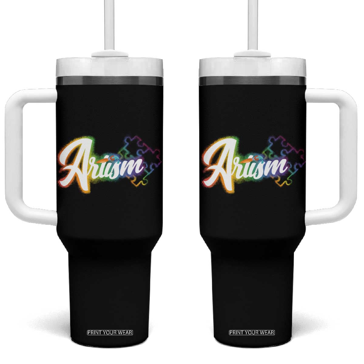 Autism Awareness Tumbler With Handle Artism Artist Autistic Rainbow Puzzle Aesthetic TS09 One Size: 40 oz Black Print Your Wear